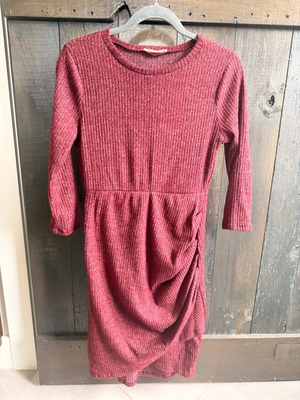 Ribbed Long-Sleeve Casual Dress with Side Ruching - Burgundy